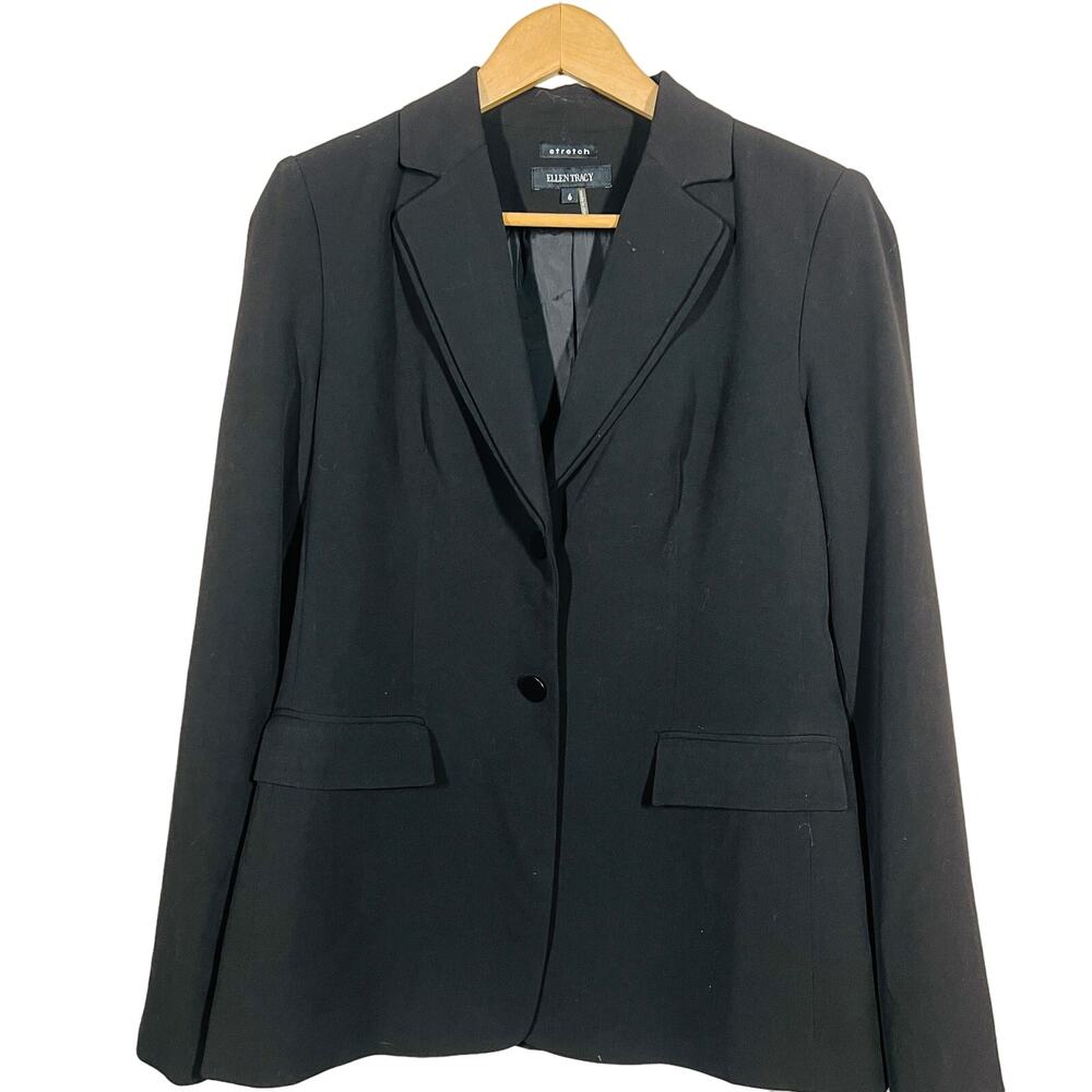 NEW! Ellen Tracy Dual Button Tuxedo Blazer Career Event Black Lt Stretch - 6